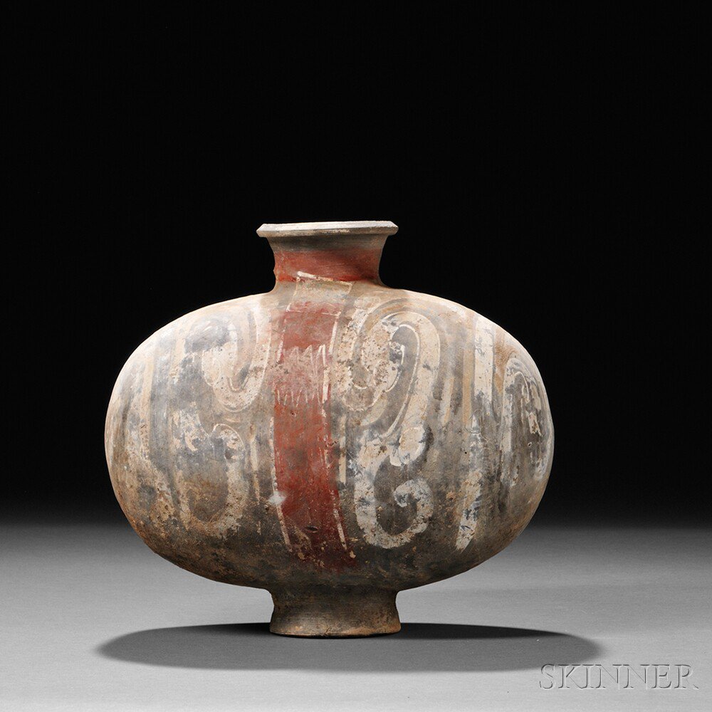 Appraisal: Painted Pottery Cocoon Jar China Han dynasty-style with a short