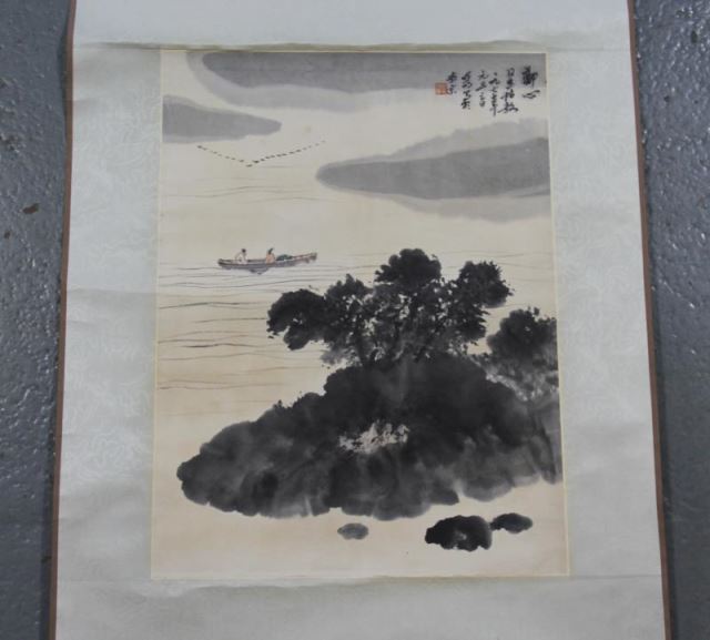 Appraisal: Signed Vintage Chinese Scroll figures in a row boat signed