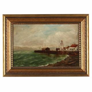 Appraisal: American School Harbor Scene with Lighthouse early th century oil