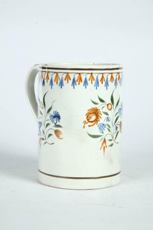 Appraisal: LEEDS-TYPE MUG England early th century soft paste Four-color floral