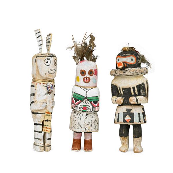 Appraisal: VINTAGE HOPI KACHINA Three cottonwood figures early th c Tallest