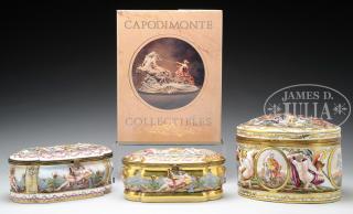 Appraisal: THREE ORMOLU MOUNTED DECORATED CAPO DI MONTE COVERED BOXES WITH