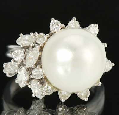 Appraisal: A Ladies' South Sea Pearl and Diamond Ring Platinum ring