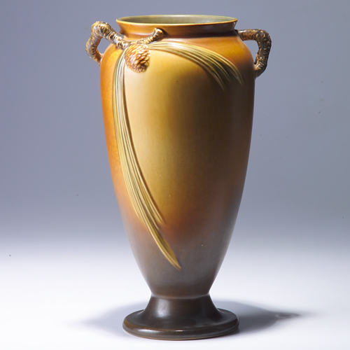 Appraisal: ROSEVILLE Brown Pine Cone vase - Short firing line to