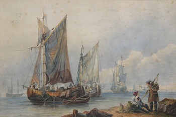 Appraisal: Continental School th Century Fishermen Hunting for Lobsters Watercolor on