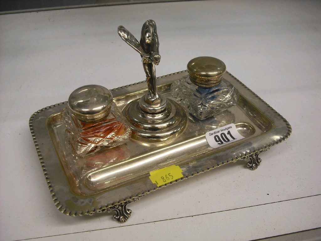 Appraisal: Silver plated ink stand applied with a Rolls Royce mascot