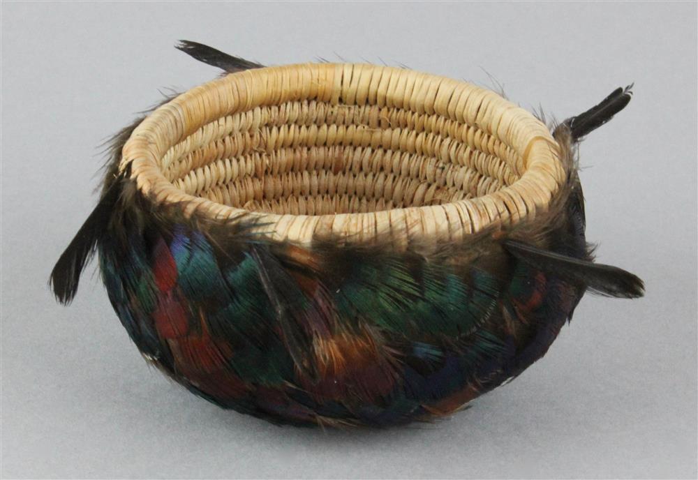 Appraisal: CALIFORNIA GIFT BASKET POMO coiled basketry bowl feather decoration h