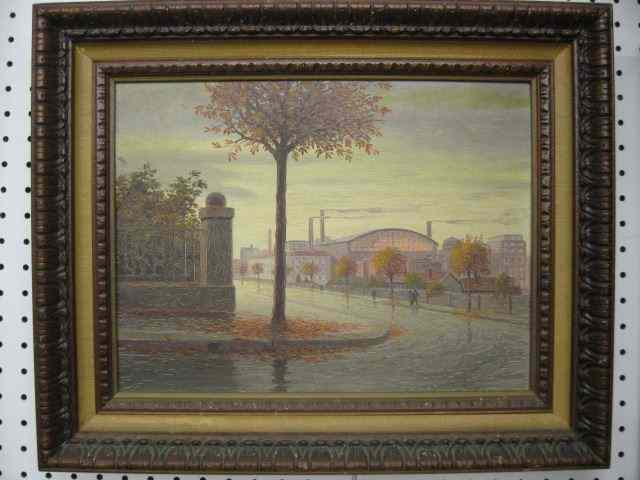 Appraisal: Industrial Oil Painting luministic style factory in distance image area