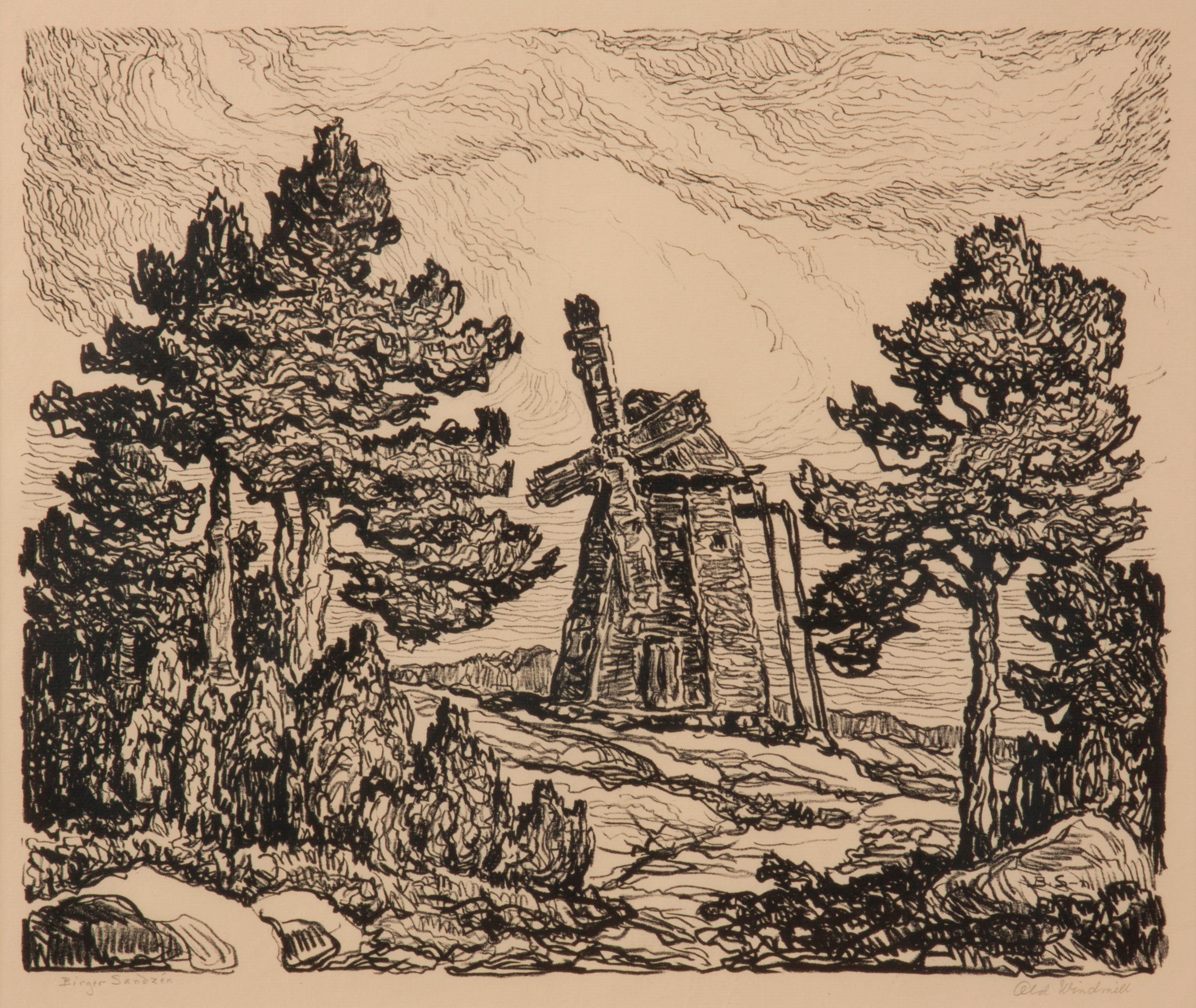 Appraisal: BIRGER SANDZEN 'OLD WINDMILL' PENCIL-SIGNED LITHOGRAPH Birger Sandzen Swedish-American -