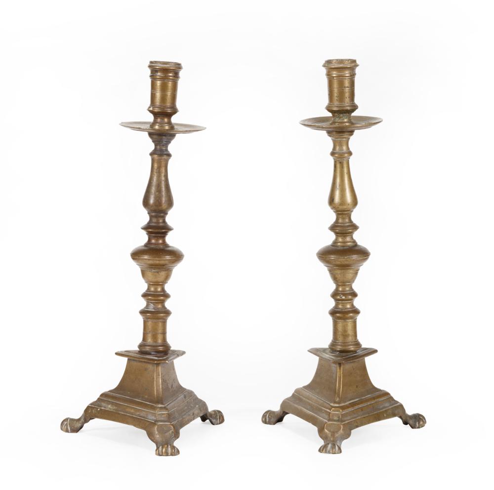 Appraisal: Pair of Antique Spanish Brass Candlesticks c drip pan baluster