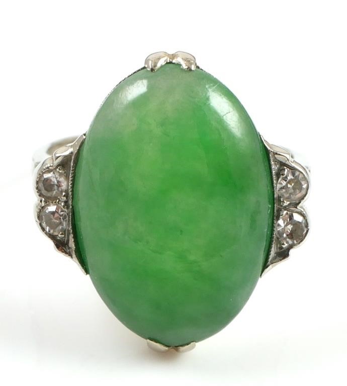 Appraisal: K ART DECO JADEITE DIAMOND RING K white gold ring