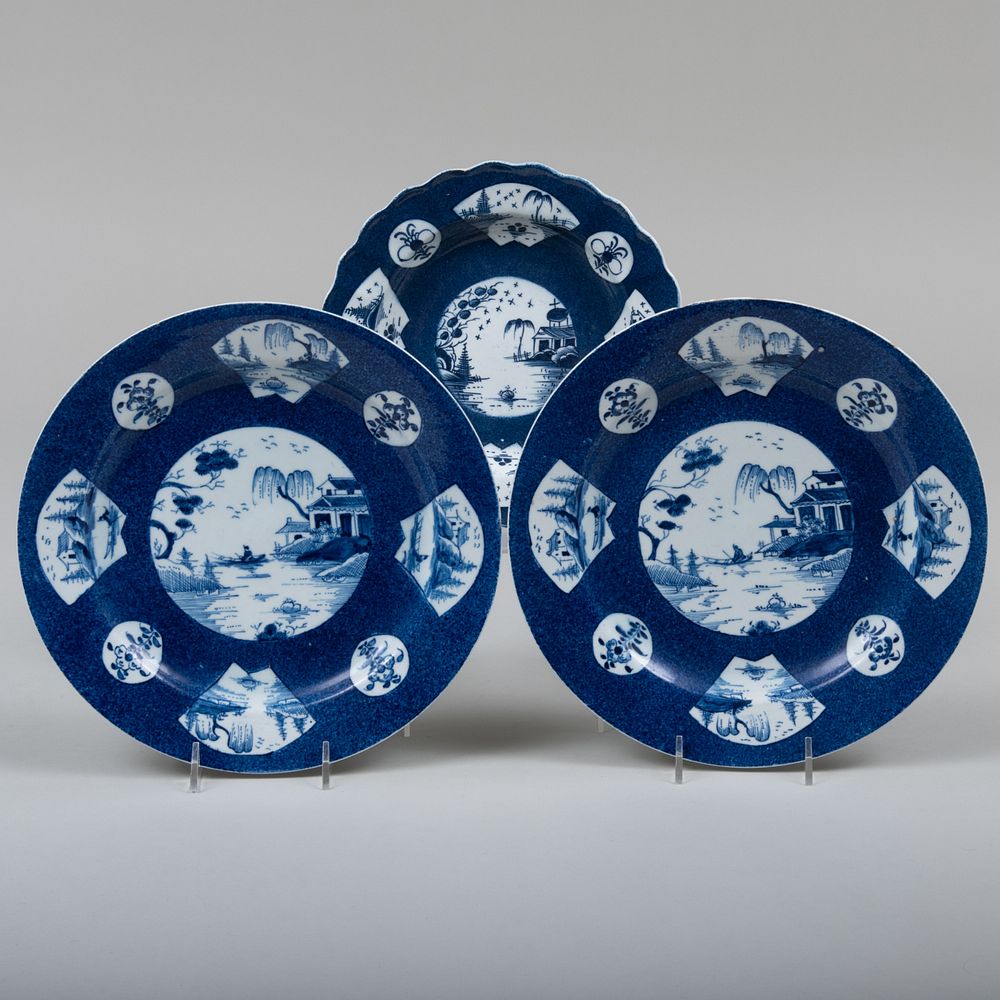 Appraisal: Three Bow Blue and White Porcelain Plates Blue painted psuedo