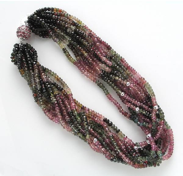 Appraisal: A tourmaline and k white gold torsade necklace composed of