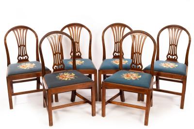 Appraisal: Six mahogany splat back dining chairs the needlework cushions depicting