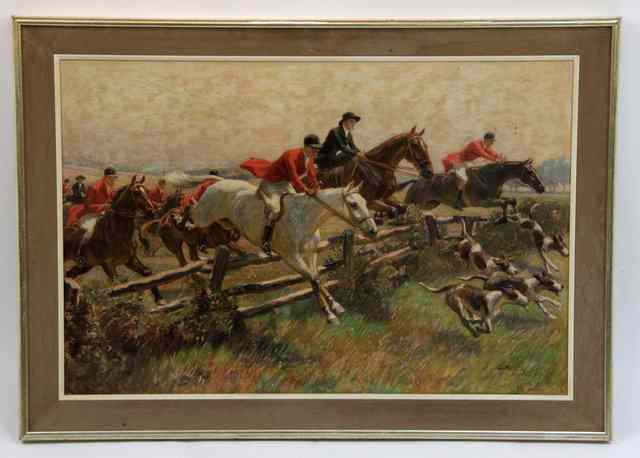 Appraisal: O Mert Hunting Scene the hunt leaping a fence being