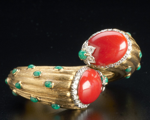 Appraisal: Substantial red coral and emerald bracelet with diamonds in k