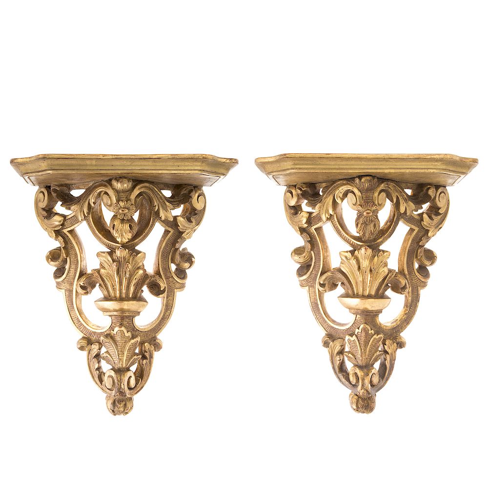 Appraisal: Pair Rococo style giltwood wall brackets early th century elaborately