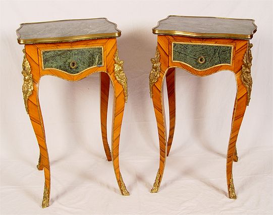 Appraisal: PAIR FRENCH ORMOLU MARBLE TOP STANDS One drawer stands with