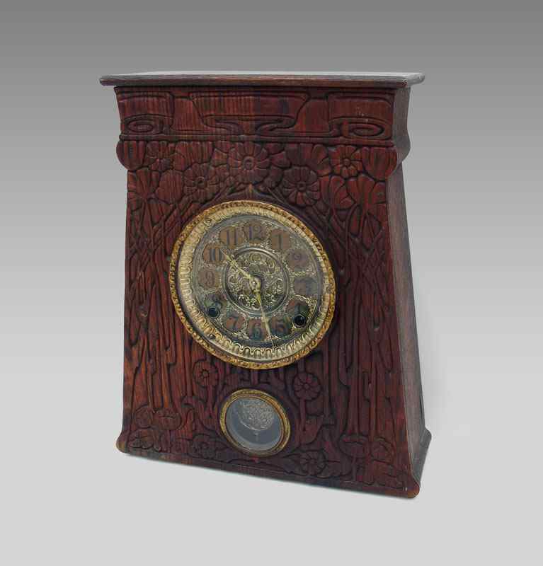 Appraisal: GILBERT ARTISAN ARTS CRAFTS OAK MANTLE CLOCK Art nouveau floral