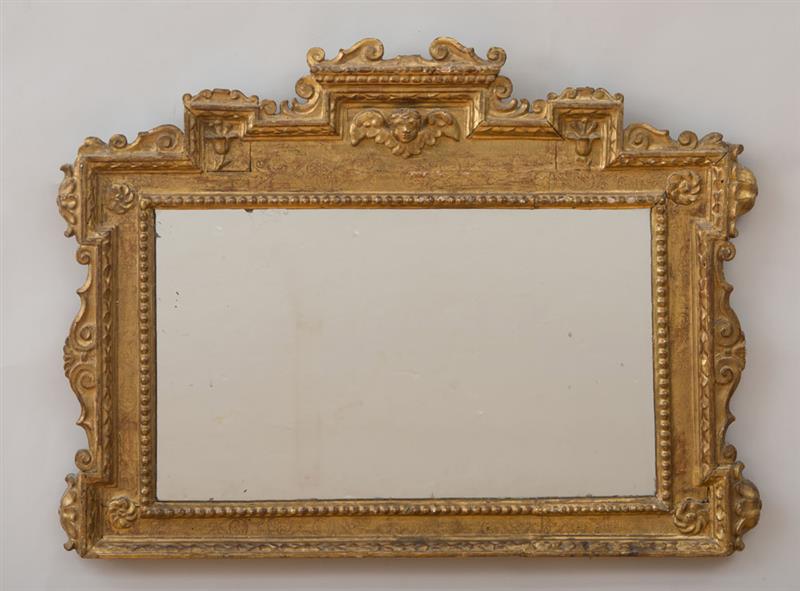 Appraisal: GEORGE II STYLE CARVED AND GESSOED GILTWOOD OVERMANTLE MIRROR x