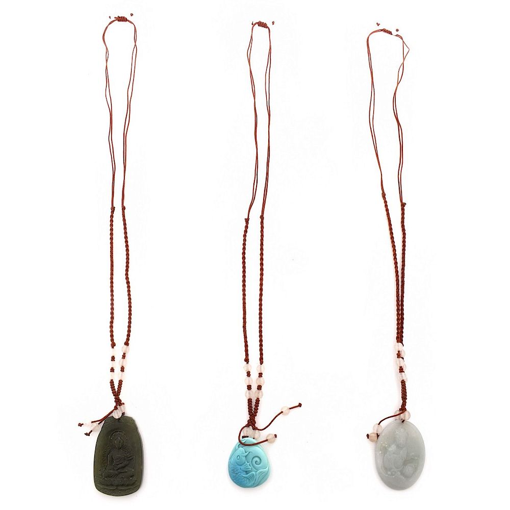 Appraisal: Three Hardstone Pendant Necklaces Three Chinese Carved Hardstone Pendant Necklaces