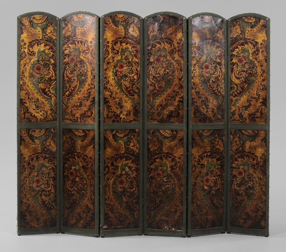 Appraisal: Painted Leather Six-Panel Room Screen probably Continental late th century