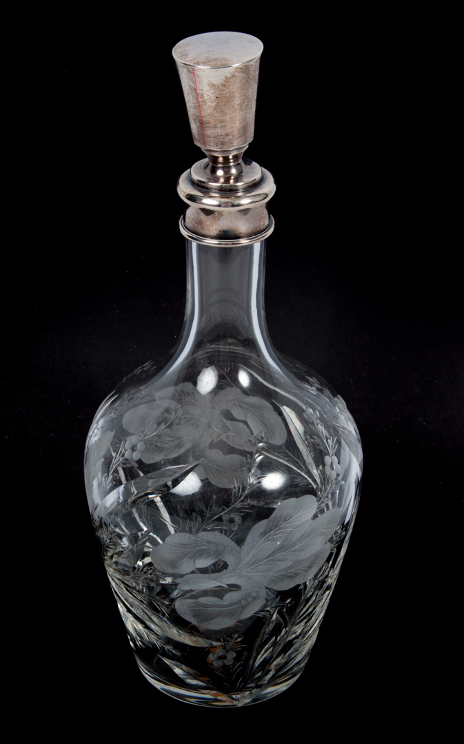 Appraisal: Hawkes sterling silver etched glass decanter silver lidded etched and