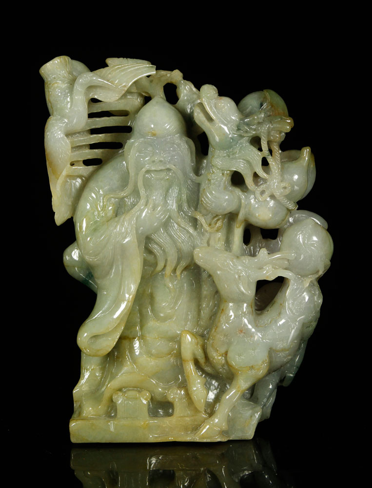 Appraisal: - Chinese Jade Figures Chinese figures depicting Buddha dragon and