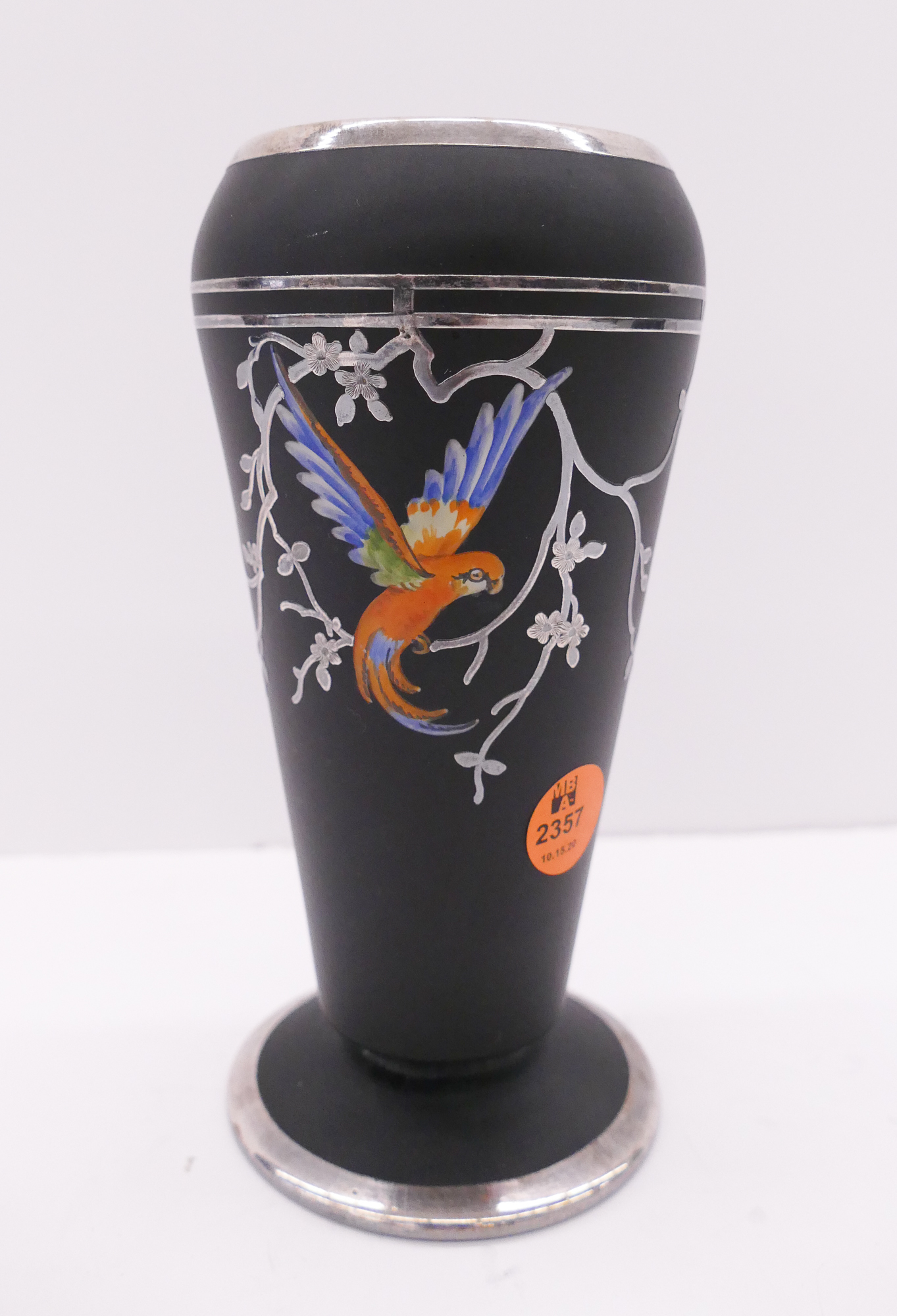 Appraisal: Tiffin Glass Silver Overlay Parrot Vase- ''