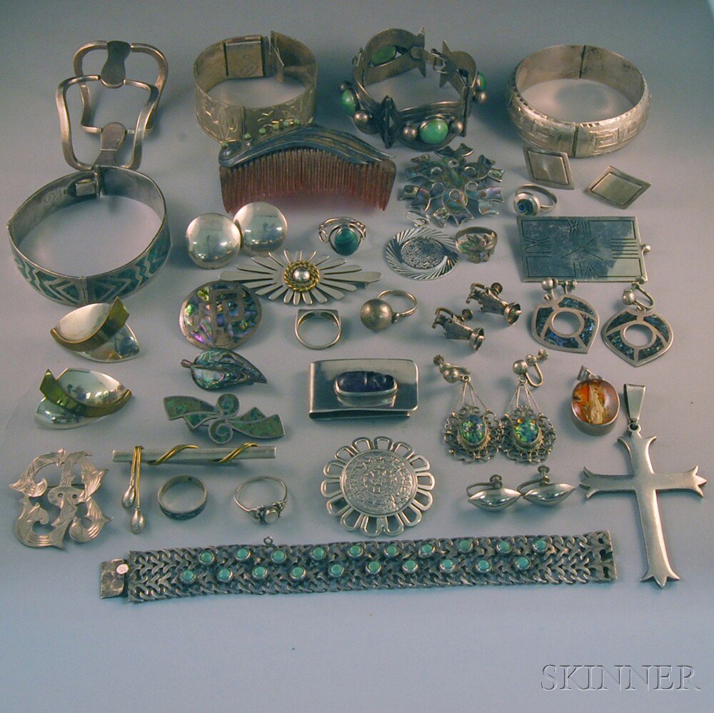 Appraisal: Group of Mostly Mexican Sterling Silver Jewelry including hardstone-inset bracelet