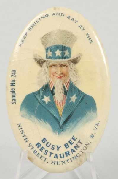 Appraisal: Rare Uncle Sam Busy Bee Restaurant Mirror Description Celluloid is