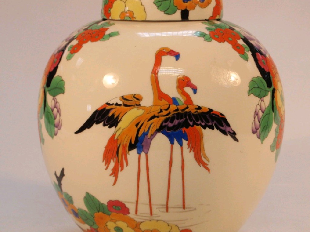 Appraisal: A Royal Doulton ovoid jar with polychrome decoration of flamingos