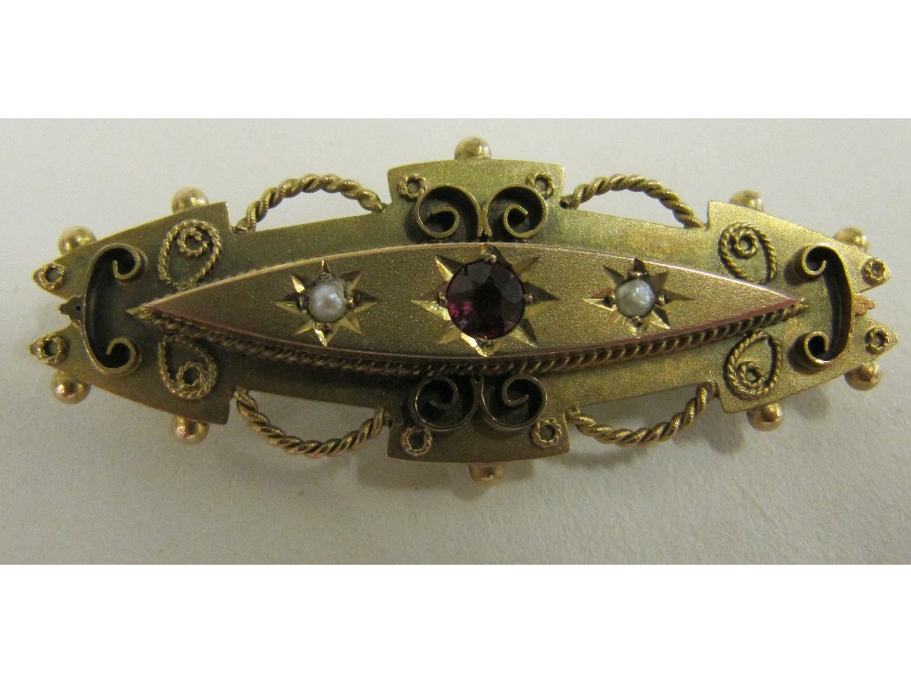 Appraisal: Victorian ct gold garnet and pearl set bar remembrance brooch