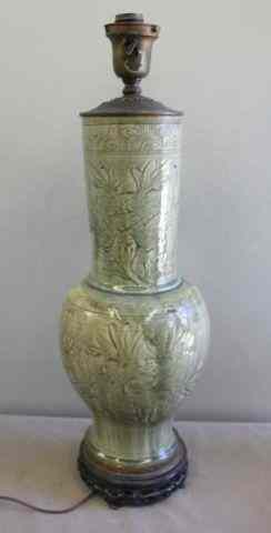 Appraisal: Chinese Carved Celadon Vase Mounted as a lamp at the