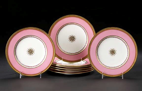 Appraisal: Good Set of Eight Minton Parcel-Gilt Rose-du-Barry-Bordered Porcelain Dessert Plates