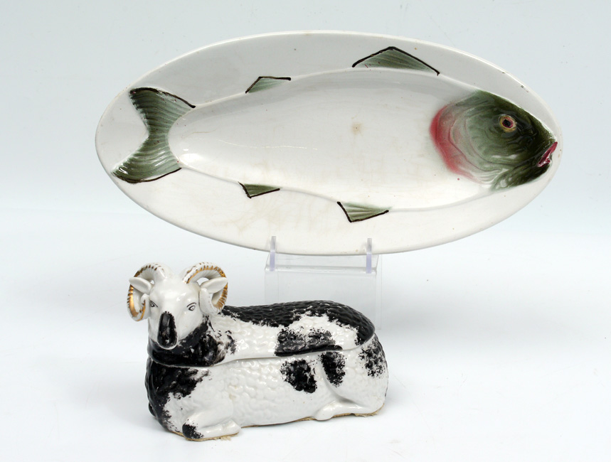 Appraisal: KUZNETSOV RUSSIAN PORCELAINS Ram figural covered animal dish '' x