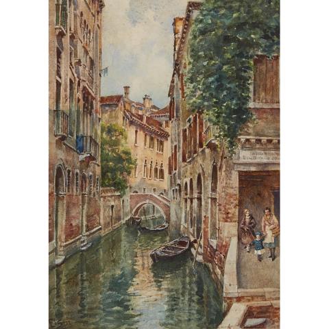 Appraisal: Cesare Elspi th th Century VENETIAN BACKWATER WITH SHOPPERS Italian