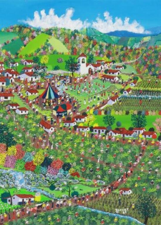 Appraisal: Unframed acrylic on stretched canvas painting Village Life signed lower