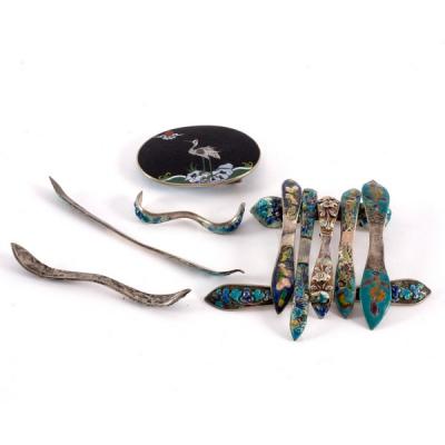 Appraisal: A group of Chinese export silver and enamel hair ornaments