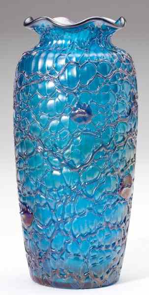 Appraisal: Czechoslovakian Blue Threaded Glass Vaseearly th century blue iridized glass