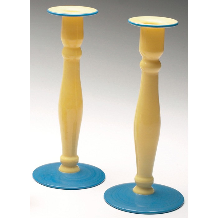 Appraisal: Art Glass candlesticks pair yellow cased glass with blue base