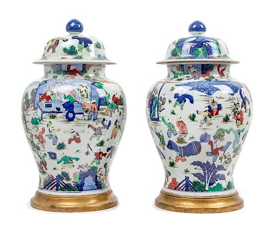 Appraisal: A Large Pair of Chinese Wucai Porcelain Covered Jars Height