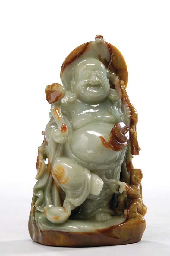 Appraisal: CARVED CELADON JADE BUDAI Finely carved Chinese celadon jade figure