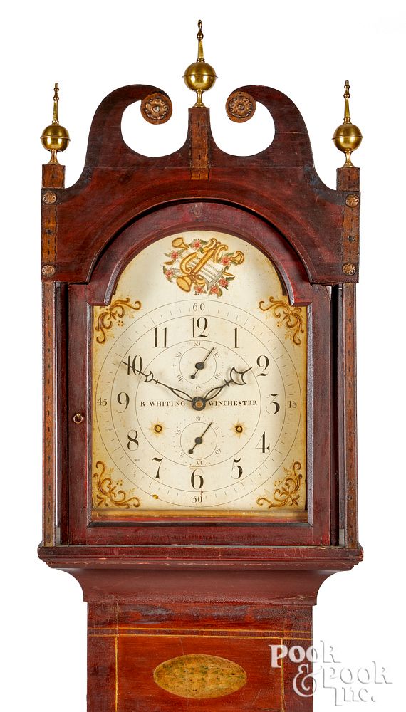 Appraisal: New England painted pine tall case clock New England painted