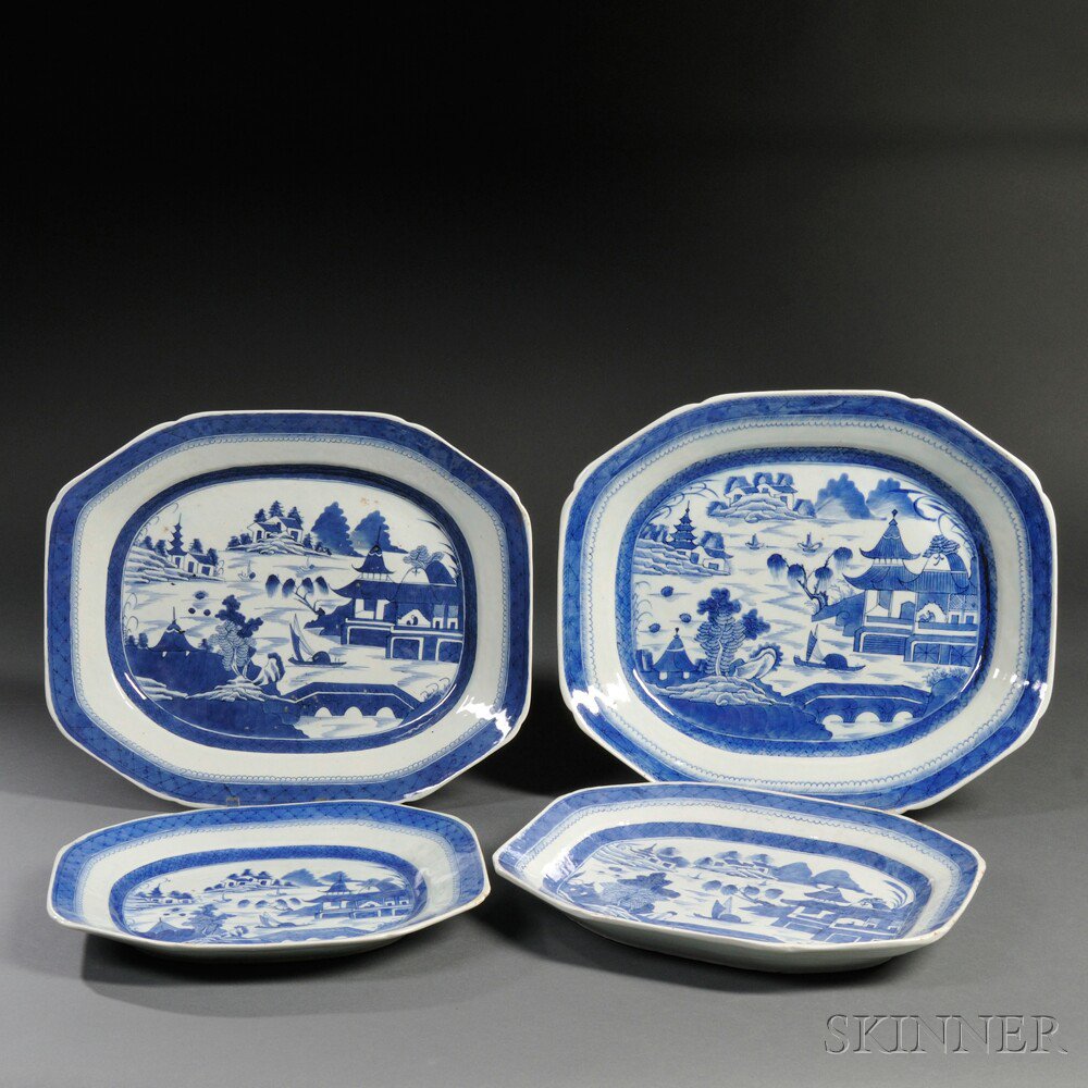 Appraisal: Four Blue and White Graduating Canton Porcelain Platters China late