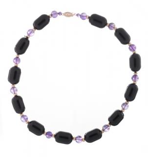 Appraisal: Black Onyx Amethyst and Gold Necklace Twelve black onyx tube