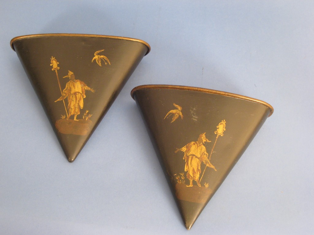 Appraisal: A set of four lacquered Wall Pockets of conical form