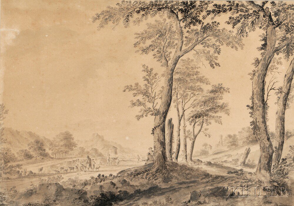 Appraisal: Dutch School th Century Landscape with Shepherds Unsigned Ink and