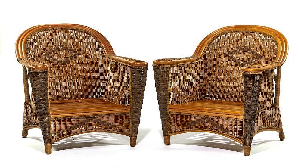 Appraisal: Pair of early th c bamboo and rattan armchairs Pair