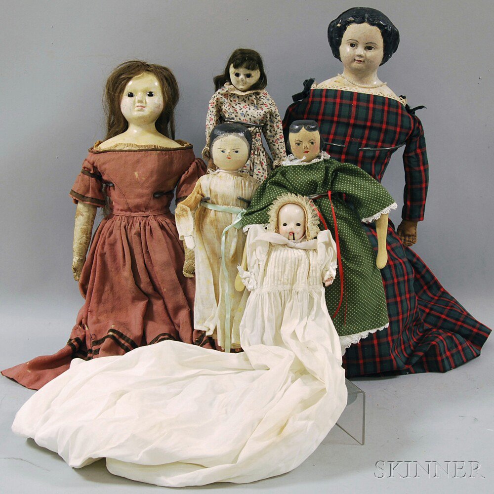 Appraisal: Six Waxed Composition Wood and Papier-mache Dolls th and th